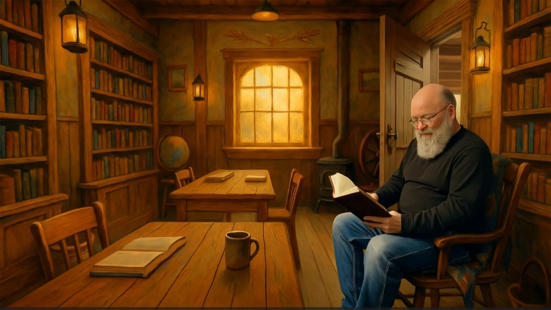 Warm library setting with Brother Aaron reading